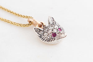 ANTIQUE VICTORIAN c1860’s DIAMOND & RUBY FOX PENDANT SILVER & 9ct GOLD