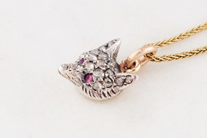 ANTIQUE VICTORIAN c1860’s DIAMOND & RUBY FOX PENDANT SILVER & 9ct GOLD