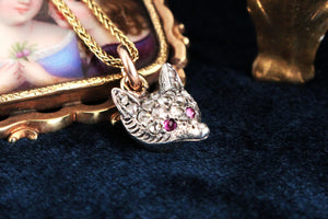 ANTIQUE VICTORIAN c1860’s DIAMOND & RUBY FOX PENDANT SILVER & 9ct GOLD