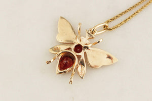 RETRO ANTIQUE STYLE GARNET RUBY & SEED PEARL WASP PENDANT 9ct GOLD
