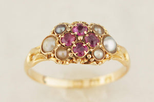 ANTIQUE VICTORIAN 1867 RUBY & SEED PEARL RING 18ct GOLD
