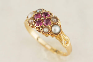 ANTIQUE VICTORIAN 1867 RUBY & SEED PEARL RING 18ct GOLD