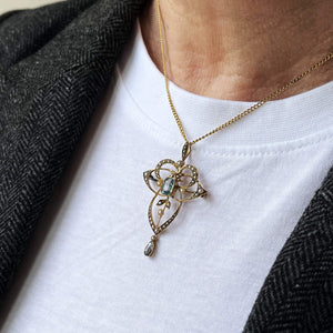 ANTIQUE EDWARDIAN 1912 AQUAMARINE & SEED PEARL PENDANT 15ct GOLD