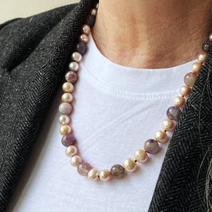 BESPOKE BLUSH PEARL & PLUM TOURMALINE NECKLACE 9ct GOLD