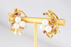 MID-CENTURY c1960’s PEARL & RUBY EARRINGS 14ct GOLD