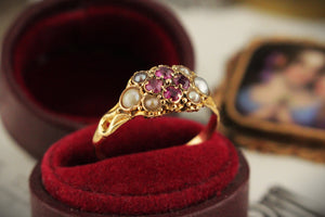 ANTIQUE VICTORIAN 1867 RUBY & SEED PEARL RING 18ct GOLD