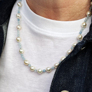 BESPOKE PEARL & AQUAMARINE NECKLACE 9ct GOLD