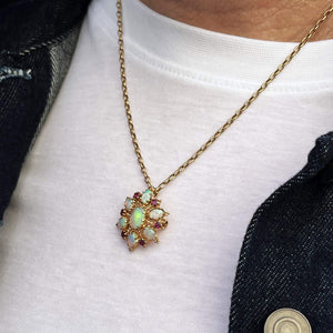 VINTAGE OPAL & RUBY STARBURST PENDANT/BROOCH 9ct GOLD