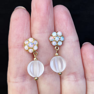 BESPOKE VINTAGE SOLID OPAL & CARVED CAMPHOR GLASS EARRINGS 9ct GOLD