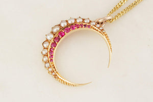 ANTIQUE EDWARDIAN RUBY & SEED PEARL CRESCENT MOON PENDANT 15ct GOLD
