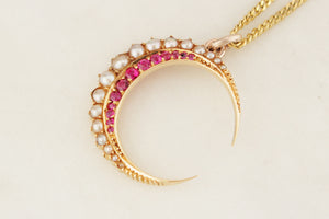 ANTIQUE EDWARDIAN RUBY & SEED PEARL CRESCENT MOON PENDANT 15ct GOLD