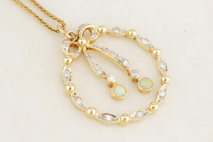 VINTAGE c1940 EDWARDIAN STYLE OPAL & DIAMOND PENDANT 14ct GOLD