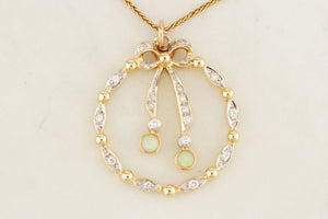 VINTAGE c1940 EDWARDIAN STYLE OPAL & DIAMOND PENDANT 14ct GOLD