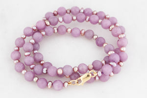 BESPOKE KUNZITE & PEARL NECKLACE 9ct GOLD