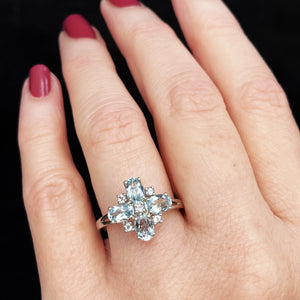 MODERN AQUAMARINE CLUSTER RING 9ct WHITE GOLD