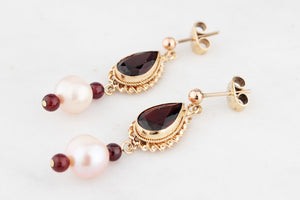 BESPOKE GARNET & PEARL EARRINGS 9ct GOLD