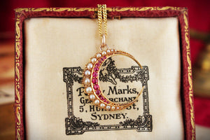 ANTIQUE EDWARDIAN RUBY & SEED PEARL CRESCENT MOON PENDANT 15ct GOLD