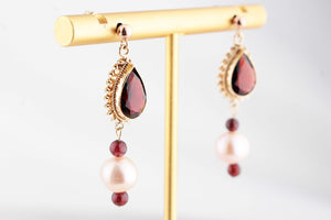 BESPOKE GARNET & PEARL EARRINGS 9ct GOLD