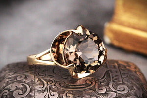 VINTAGE MID-CENTURY SMOKY QUARTZ COCKTAIL RING 9ct GOLD
