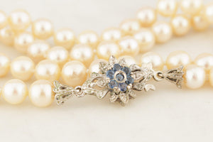 VINTAGE c1940 SINGLE STRAND PEARL & SAPPHIRE NECKLACE 10ct GOLD