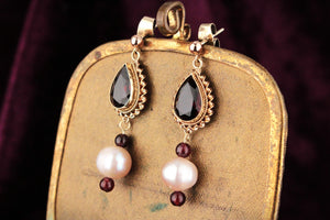 BESPOKE GARNET & PEARL EARRINGS 9ct GOLD