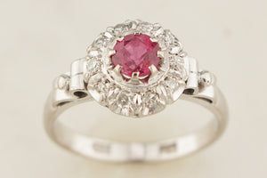 VINTAGE c1930 RUBY & DIAMOND HALO RING 18ct GOLD
