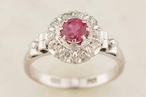 VINTAGE c1930 RUBY & DIAMOND HALO RING 18ct GOLD