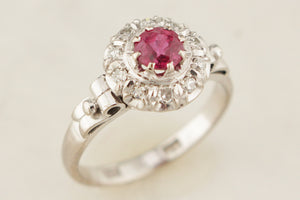 VINTAGE c1930 RUBY & DIAMOND HALO RING 18ct GOLD