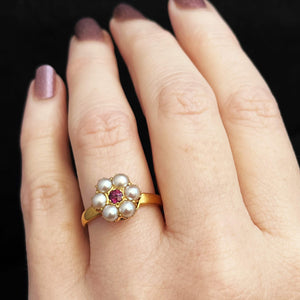 ANTIQUE RUBY & PEARL RING 18 & 14ct YELLOW GOLD