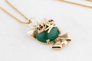 RETRO 1970’s CHRYSOPRASE & GARNET CAT PENDANT 9ct GOLD