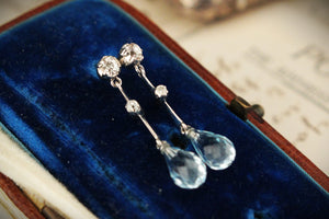 ANTIQUE c1920 DIAMOND & TOPAZ EARRINGS 9ct WHITE GOLD