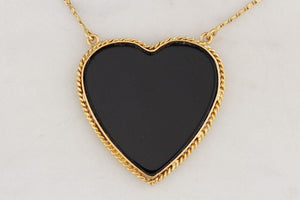 VINTAGE c1970 ONYX HEART PENDANT & CHAIN 18ct GOLD