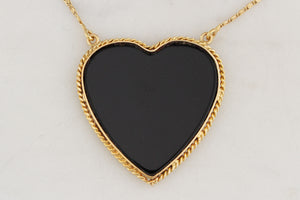 VINTAGE c1970 ONYX HEART PENDANT & CHAIN 18ct GOLD