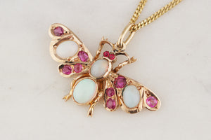 ANTIQUE EDWARDAIN c1900 OPAL & RUBY BUTTERFLY PENDANT 9ct GOLD