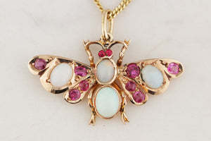 ANTIQUE EDWARDAIN c1900 OPAL & RUBY BUTTERFLY PENDANT 9ct GOLD