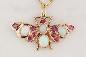 ANTIQUE EDWARDAIN c1900 OPAL & RUBY BUTTERFLY PENDANT 9ct GOLD