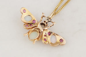 ANTIQUE EDWARDAIN c1900 OPAL & RUBY BUTTERFLY PENDANT 9ct GOLD