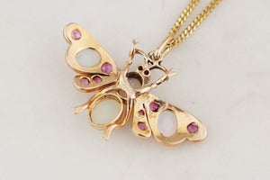 ANTIQUE EDWARDAIN c1900 OPAL & RUBY BUTTERFLY PENDANT 9ct GOLD