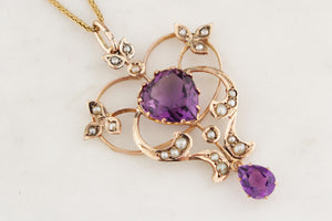 ANTIQUE AUSTRALIAN 1871 AMETHYST & SEED PEARL PENDANT 9ct GOLD