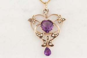 ANTIQUE AUSTRALIAN 1871 AMETHYST & SEED PEARL PENDANT 9ct GOLD