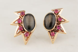 VINTAGE c1940 STAR SAPPHIRE & RUBY EARRINGS 14ct GOLD