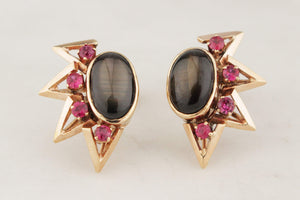VINTAGE c1940 STAR SAPPHIRE & RUBY EARRINGS 14ct GOLD