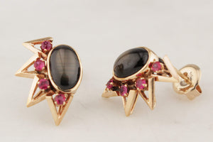 VINTAGE c1940 STAR SAPPHIRE & RUBY EARRINGS 14ct GOLD