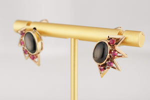 VINTAGE c1940 STAR SAPPHIRE & RUBY EARRINGS 14ct GOLD