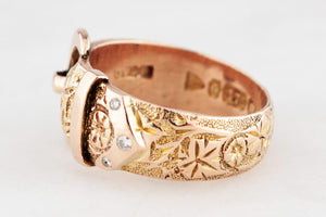 ANTIQUE VICTORIAN 1900 DIAMOND ETCHED BUCKLE RING 9ct GOLD