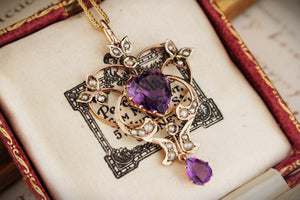 ANTIQUE AUSTRALIAN 1871 AMETHYST & SEED PEARL PENDANT 9ct GOLD