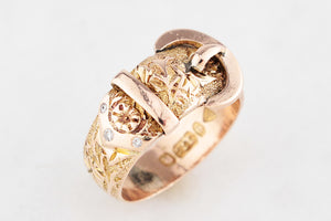ANTIQUE VICTORIAN 1900 DIAMOND ETCHED BUCKLE RING 9ct GOLD
