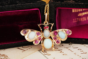ANTIQUE EDWARDAIN c1900 OPAL & RUBY BUTTERFLY PENDANT 9ct GOLD