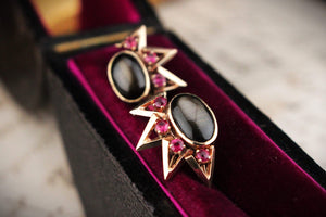 VINTAGE c1940 STAR SAPPHIRE & RUBY EARRINGS 14ct GOLD