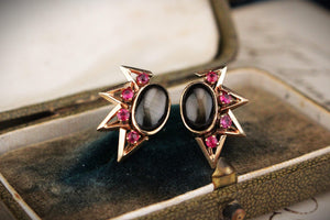 VINTAGE c1940 STAR SAPPHIRE & RUBY EARRINGS 14ct GOLD